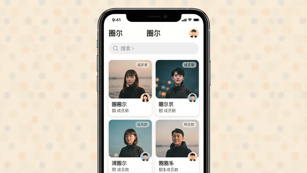 һ��չʾ��Ȧ����Ӧ������ȤȦ���б���AI��ͼ��������һ���ֻ���Ļ����Ļ����ʾ��Ȧ������Ȧ�ӷ���ҳ�棬ҳ�涥�����������·�������״���е�Ȧ�ӿ�Ƭ��ÿ����Ƭ����Ȧ�ӷ���ͼ�����ƺͳ�Ա��������Ϊ�ֻ����У�����Ϊ��͵��װ�ɫ�����Ϊ��ƽ����ƣ�ϸ�ڰ���Բ��ͷ���΢С�ı�ǩ�����ʸ��壬�ɾ����޶���Ԫ�ء�