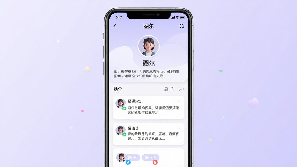һ��չʾ��Ȧ����Ӧ�����û�������ҳ��AI��ͼ��������һ���ֻ���Ļ����Ļ����ʾ��Ȧ�����ĸ�����ҳ�������û�ͷ���ǳơ���顢��̬�б���Ȧ�ӱ�ǩ������Ϊ�ֻ����У�����Ϊǳ��ɫ���䡣���Ϊ������ͣ�ϸ�ڰ���Բ��ͷ��Ϳ�Ƭʽ��̬�����ʸ��壬�ɾ����޶���Ԫ�ء�