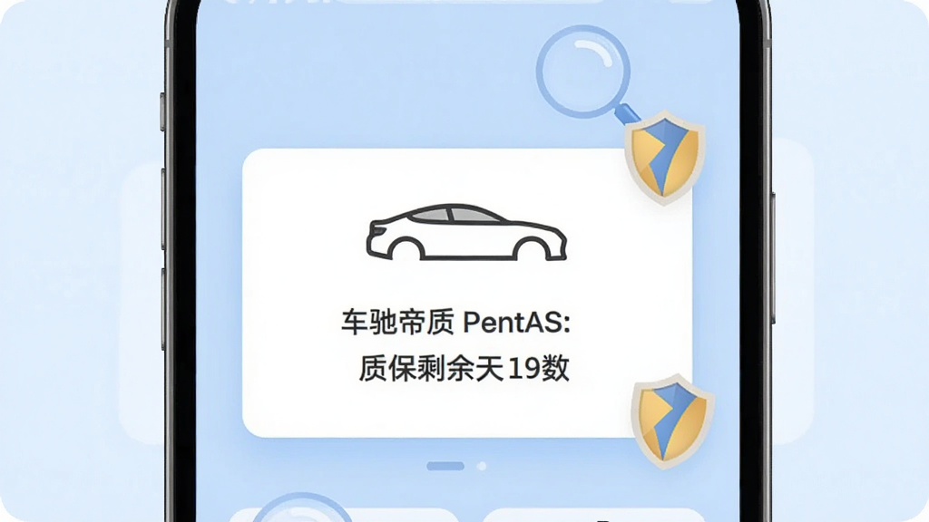 车驰帝质保查询功能界面图,画面中央手机屏幕显示质保状态卡片,包含车辆轮廓图标与质保剩余天数,背景为淡蓝色调,布局居中,风格简洁清爽,细节上有放大镜与盾牌图标点缀,画质高清,干净,无多余元素