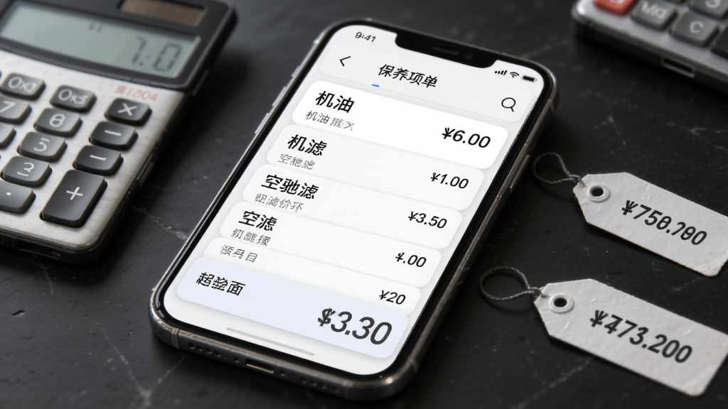 车驰帝保养价格预估界面图,画面中央手机屏幕显示保养项目清单与价格数字,包含机油、机滤、空滤等条目,背景为白色卡片式布局,风格干净商务,细节上有计算器与价格标签元素,画质高清,干净,无多余元素