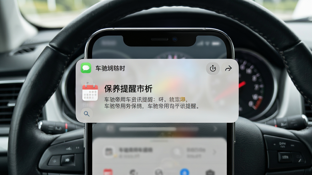 车驰帝用车资讯提醒界面图,画面展示手机通知栏弹出保养提醒消息,背景为车内驾驶视角,布局突出手机屏幕,风格生活化写实,细节包含日历图标与汽车仪表盘元素,画质清晰,干净,无多余元素