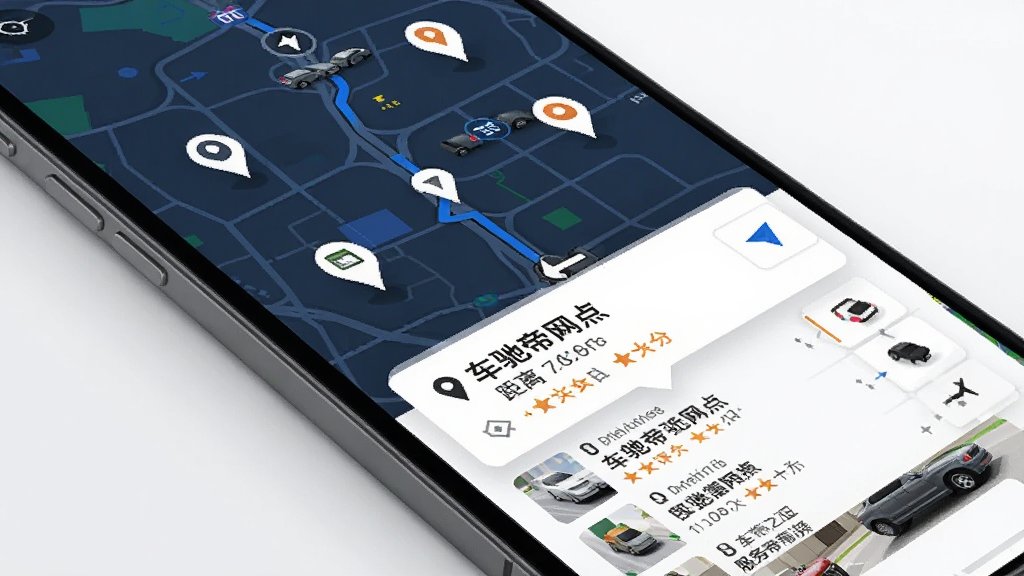 车驰帝附近网点推荐界面图,画面展示手机地图上分布多个服务网点标记,底部弹出网点卡片显示距离与评分,布局为地图加列表组合,风格现代简约,细节包含定位图标与导航路线,画质清晰,干净,无多余元素