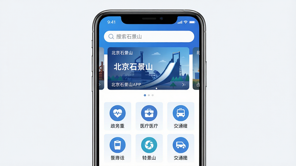 主体为一部智能手机,屏幕显示北京石景山APP的首页界面,布局上方为搜索栏与轮播新闻图,下方为政务、医疗、交通等图标网格,排版居中对称,风格为现代扁平化科技蓝,细节包含石景山标志性建筑剪影如首钢园滑雪大跳台,画质高清,干净无杂乱元素,画面中文字需包含“北京石景山”