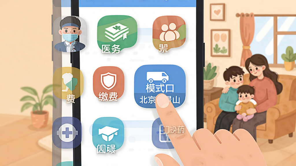主体为一只手指点击手机屏幕上的便民服务图标,布局为手机界面呈网格状排列医疗、缴费、政务等彩色图标,排版居中,风格为扁平化插画风,细节包含模式口上门换药字样的按钮与温馨的家庭场景背景,画质高清,干净简洁,画面中文字需包含“北京石景山”