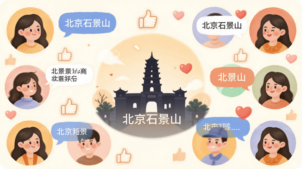 主体为多个圆形头像组成的社区群组聊天场景,布局为环绕式排列,排版中心为石景山地标建筑剪影,风格为温暖友好的社交插画,细节包含对话气泡、点赞手势与爱心符号,画质柔和清晰,干净无杂乱元素,画面中文字需包含“北京石景山”