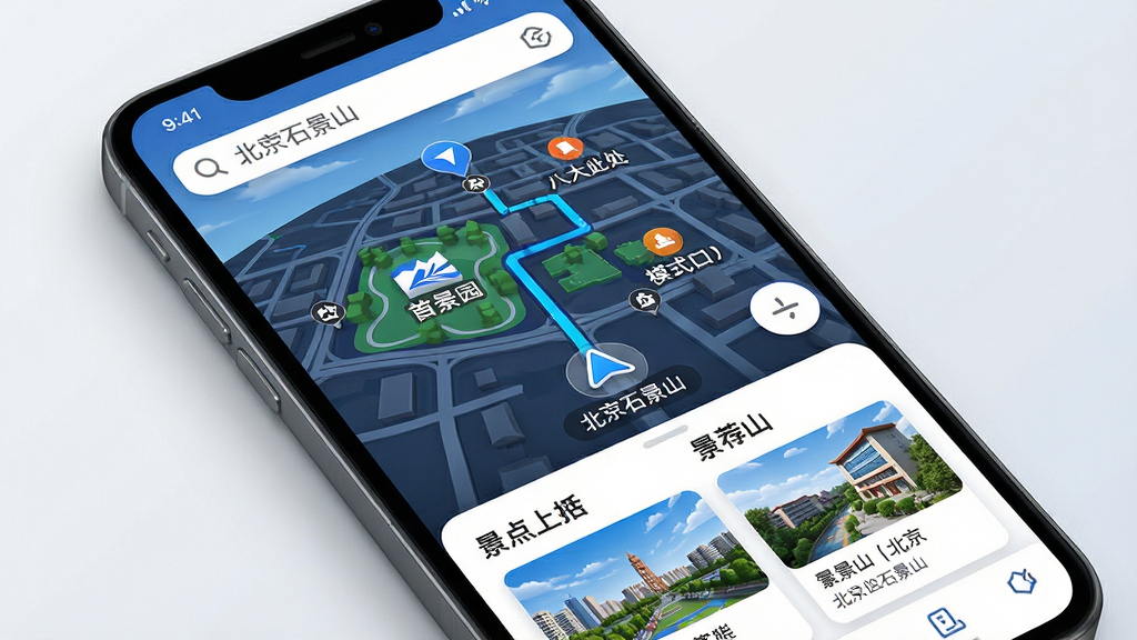 主体为手机屏幕显示石景山区3D地图导航界面,布局上方为搜索框,下方为路线规划与景点推荐卡片,排版清晰,风格为现代科技感地图设计,细节包含首钢园、八大处、模式口等地标标注与导航箭头,画质高清,干净无多余元素,画面中文字需包含“北京石景山”