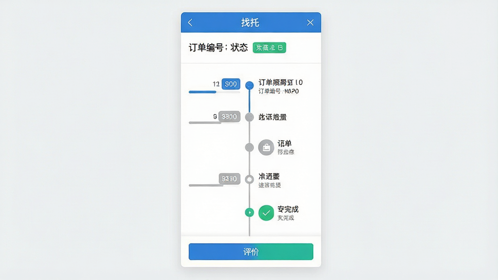 一张订单进度追踪界面图,画面中央是“找托”软件中的订单详情页,顶部显示订单编号与状态标签,中部为时间轴形式的进度节点,每个节点带有图标与文字说明,底部有评价按钮,布局为纵向时间轴,风格为商务简约,细节包括蓝色进度条、灰色未完成节点、绿色完成节点,画质高清、干净、无多余元素