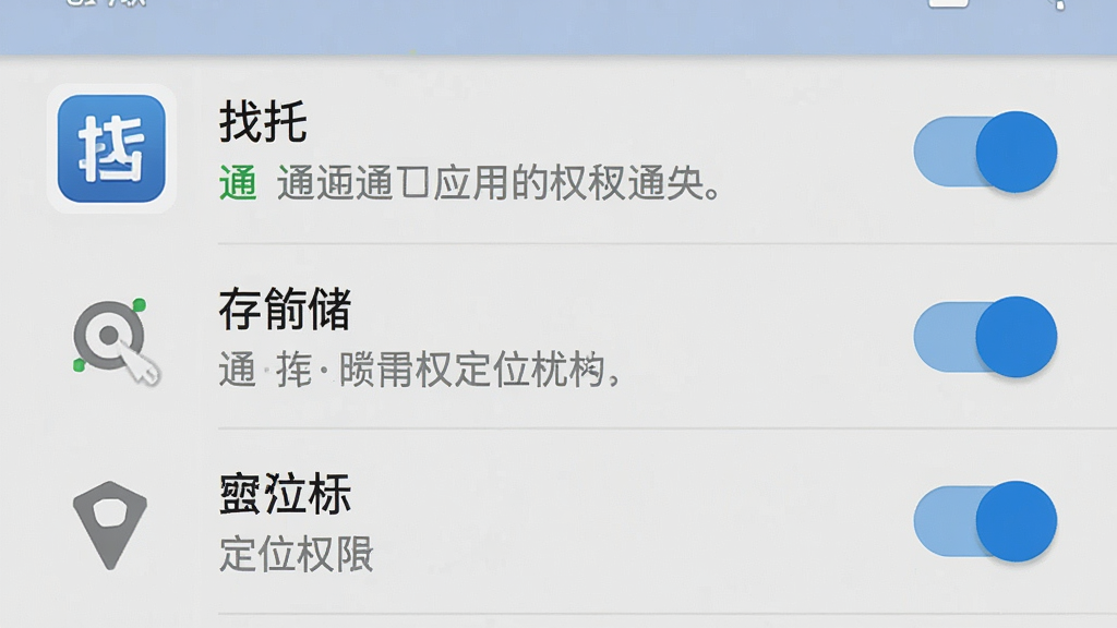 一张手机安全设置界面示意图,画面展示安卓系统的应用权限管理页面,列表中“找托”应用的通知、存储、定位权限开关处于开启状态,背景为浅灰色系统界面,风格为简洁实用,细节包括蓝色开关按钮、灰色文字说明、系统图标,画质高清、干净、无多余元素