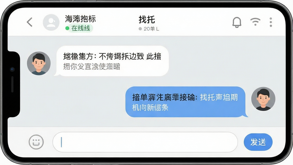 一张手机聊天界面示意图,画面展示“找托”软件的对话窗口,左侧为需求方头像与消息气泡,右侧为接单者回复内容,顶部显示对方昵称和在线状态,底部有输入框与发送按钮,布局为常规聊天界面,风格为清新简约,细节包括圆角气泡、浅灰色背景、简洁图标,画质高清、干净、无多余元素