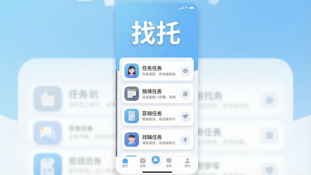 一张手机应用界面展示图,画面中央是“找托”APP的首页,顶部显示软件名称“找托”四个白色粗体字,背景为浅蓝色渐变,下方排列着任务卡片列表,每张卡片带有图标和简短文字说明,底部有导航栏,整体布局清晰、排版整齐,风格为现代扁平化UI设计,细节包括圆角按钮、柔和阴影和简洁图标,画质高清、干净、无多余元素
