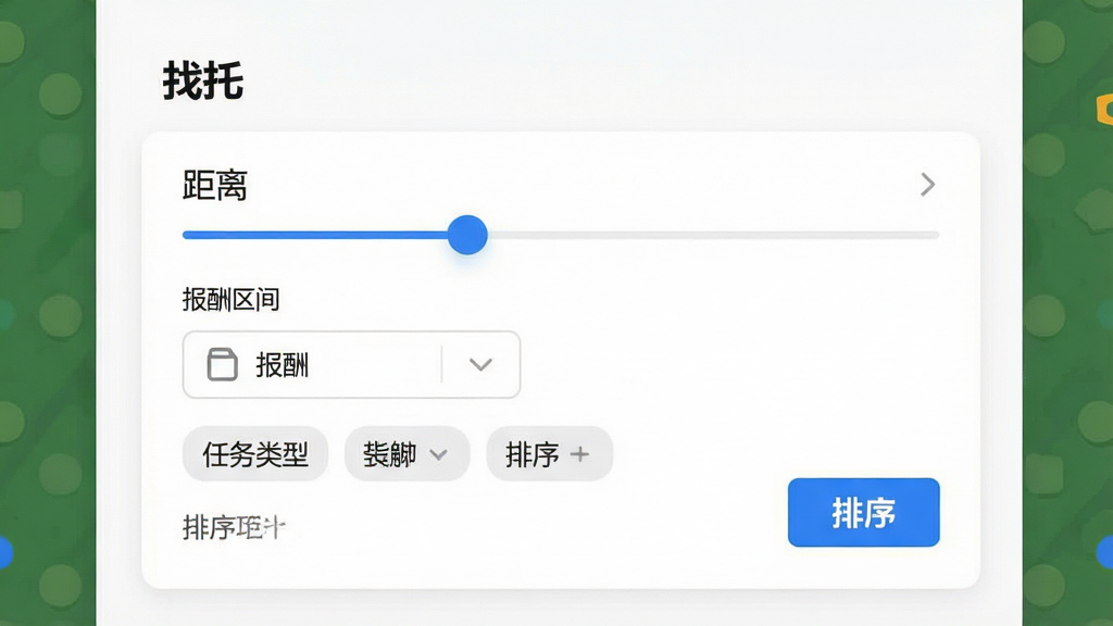 一张搜索筛选界面图,画面展示“找托”软件的筛选面板,包含距离滑块、报酬区间选择、任务类型标签和排序按钮,背景为白色卡片式布局,风格为清爽极简,细节包括蓝色选中状态、灰色未选中状态、简洁图标,画质高清、干净、无多余元素