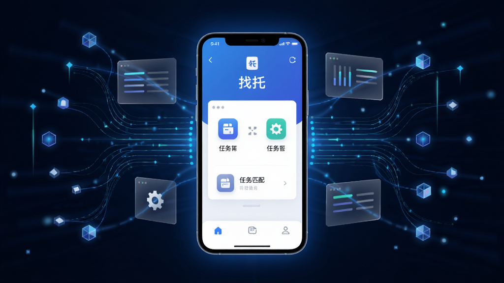 一张AI生成的科技感插图,画面主体是一部智能手机,屏幕中显示“找托”软件的任务匹配界面,周围环绕着代表数据流动的光线线条与几何节点,布局为手机居中、光线向外辐射,风格为现代科技感,细节包括蓝色光晕、半透明数据面板、简洁图标,画质高清、干净、无多余元素