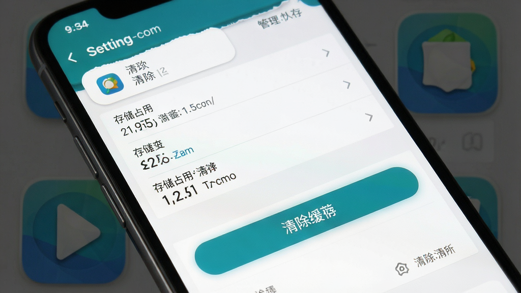 一张展示手机应用管理界面中清除缓存操作的图片,主体为手机屏幕显示应用信息页面,布局为设置项列表和清除缓存按钮,排版简洁明了,风格为系统原生UI截图风格,细节包括存储占用数据、清除缓存按钮高亮、背景图应用图标,画质为高清干净无多余元素