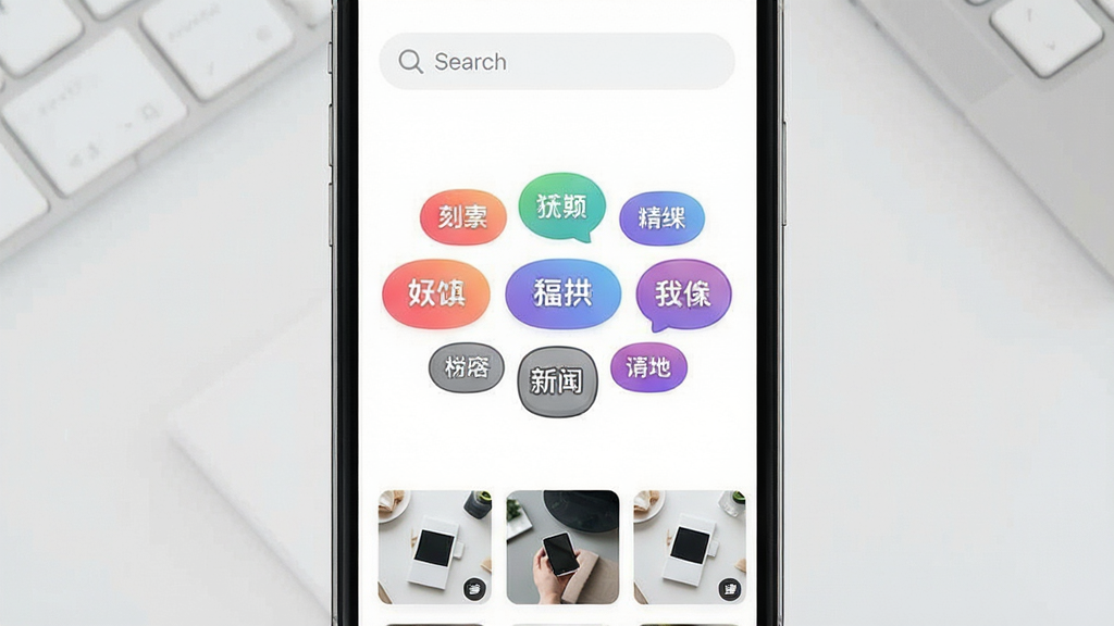 一张展示背景图应用分类界面的图片,主体为手机屏幕中排列整齐的分类标签,布局为顶部搜索栏、中部标签云、底部缩略图预览,排版清晰有序,风格为现代简约的浅色UI设计,细节包括纯色、渐变、卡通、ins风等分类文字标签和对应缩略图,画质为高清干净无多余元素