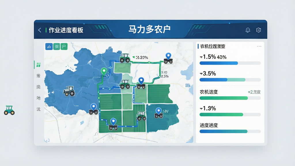 画一幅数据可视化界面图,画面中央是“马力多农户”的作业进度看板,显示地块地图、农机位置标记和进度条。背景是简洁的浅灰色。构图采用仪表盘式布局,风格为现代科技感,色彩以蓝色和绿色为主。细节包括地图上的路线轨迹、进度百分比数字和农机图标。画质清晰,干净,无多余元素。