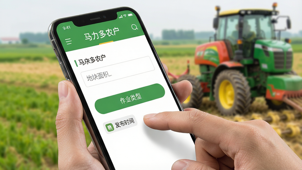 画一幅手机应用界面展示图,画面中一只手拿着手机,屏幕上显示“马力多农户”的农活发布页面,页面中有地块面积输入框、作业类型选择按钮和发布时间标签。背景是模糊的农田和农机。构图采用手持特写视角,风格为写实UI展示,色彩明亮清新。细节包括手指点击屏幕的动作、界面上的图标和文字“马力多农户”。画质高清,干净,无多余元素。
