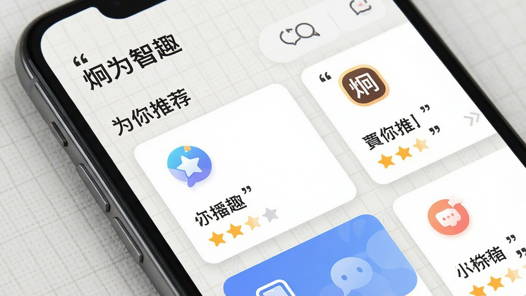 一幅展示“炯为智趣”智能推荐界面的场景图,画面主体为手机屏幕特写,屏幕上显示着带有“为你推荐”字样的卡片式应用列表,每张卡片配有图标、名称和星级,背景为浅色网格纹理,风格清新现代,细节清晰,画质干净,无多余元素,文字使用引号标注。