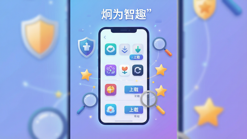 一张展现“炯为智趣”应用市场全貌的竖版插画,画面中央是发光的手机屏幕,屏幕内整齐排列着各类应用图标与下载按钮,周围环绕着盾牌、放大镜、星星等代表安全与推荐的元素,背景为柔和的蓝紫渐变,风格简洁科技感,细节清晰,画质干净,无多余文字,整体布局均衡,适合作为软件介绍首图。