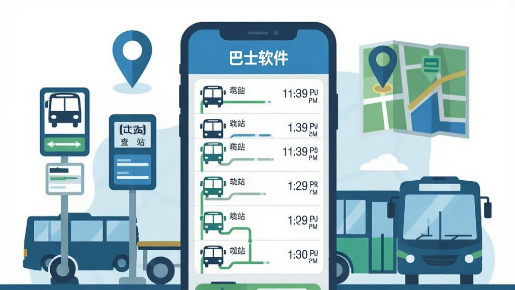 画面中央是一部智能手机,屏幕上显示着“巴士软件”的公交查询界面,界面中有多条公交线路列表和实时到站时间。手机周围环绕着公交站牌、公交车剪影、地图定位图标等元素。整体采用扁平化插画风格,色调以蓝色和绿色为主,干净清爽。画质清晰,无多余元素。