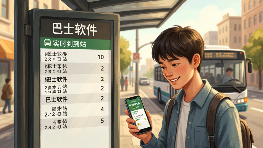 一个公交站台场景,站牌上显示“巴士软件”实时到站信息,一位年轻人看着手机微笑,手机屏幕显示公交车距离本站还有2站。背景是城市街道和正在驶来的公交车。风格为写实插画,色调温暖明亮,细节丰富,画质高清,干净无多余元素。
