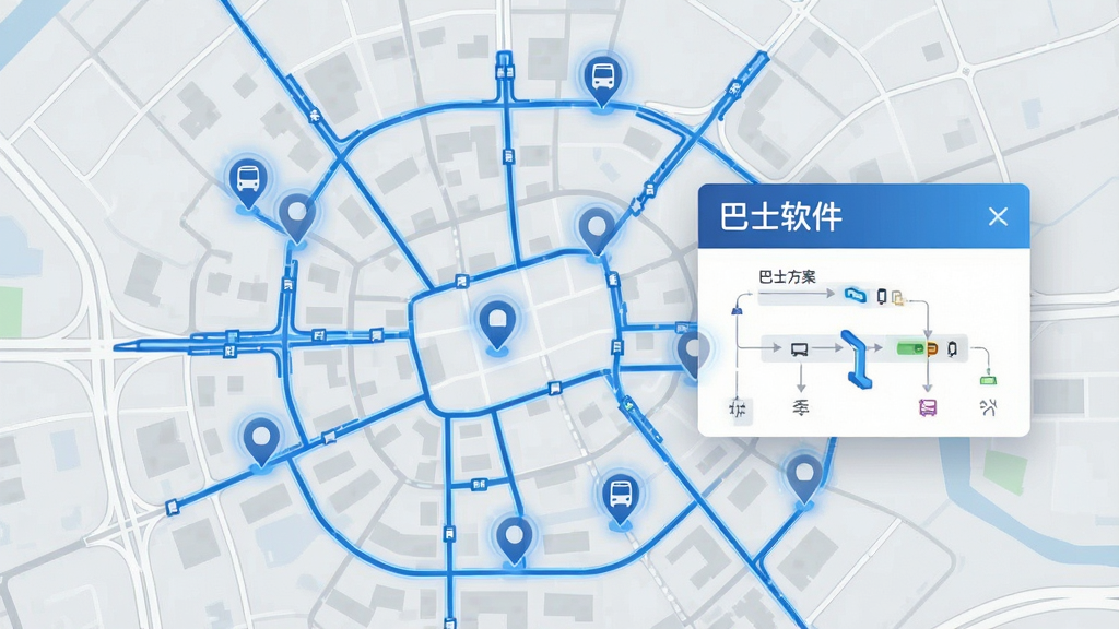 一幅城市地图俯视图,地图上用蓝色线条标注了多条公交线路,几个定位图标闪烁,旁边有“巴士软件”的悬浮窗口显示换乘方案。整体风格为简约科技风,地图底色浅灰,线路清晰,画质干净,无杂乱元素。