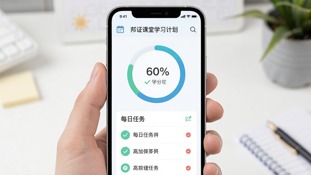 邦证课堂学习计划页面,主体为手机屏幕显示学习进度环形图与每日任务列表,布局居中,排版清晰,风格为清新教育风,细节包含日历图标、打卡标记、进度百分比,画质高清,干净,无多余元素