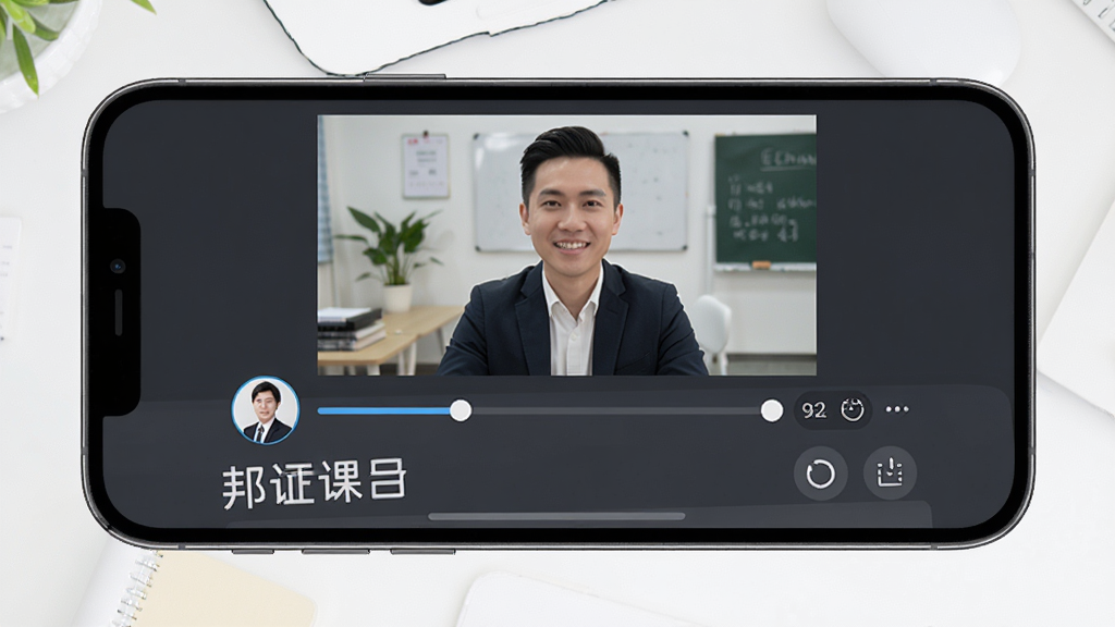 邦证课堂视频课程学习场景,画面主体为手机横屏播放课程视频,布局为上方视频下方课程目录,排版整齐,风格为在线教育类界面,细节包含讲师头像、进度条、倍速按钮,画质清晰,干净,无多余元素