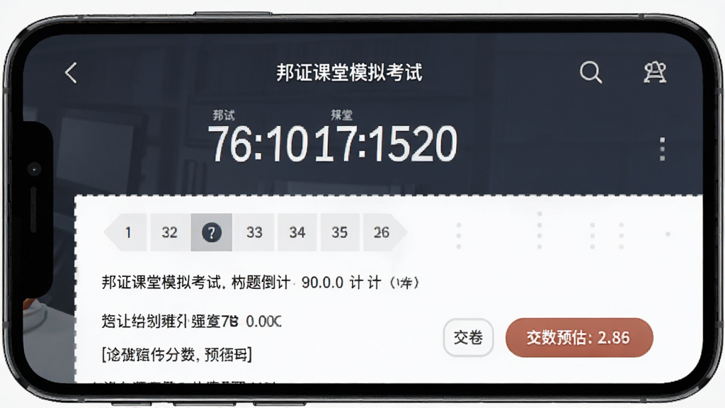 邦证课堂模拟考试页面,主体为手机屏幕显示考试倒计时与答题界面,布局为上方计时下方题目,排版规整,风格为严肃考试风,细节包含题号导航、交卷按钮、分数预估,画质高清,干净,无多余元素