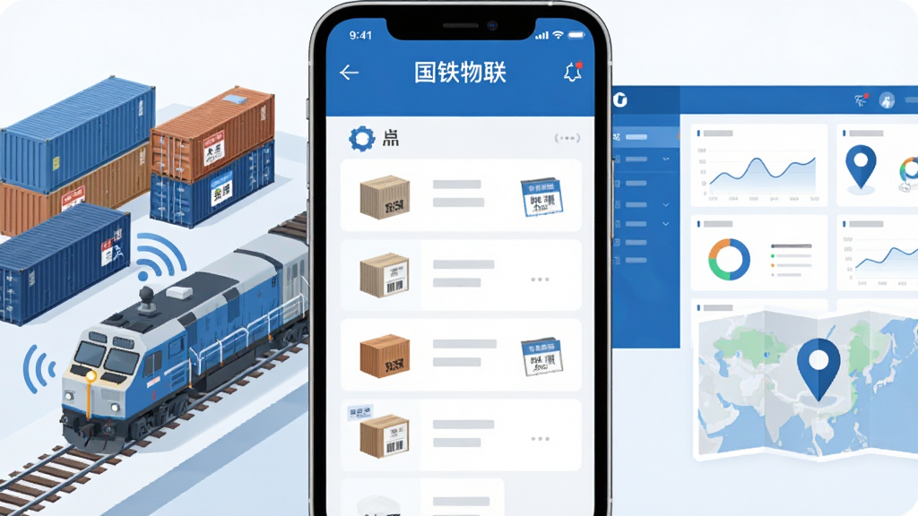 画面中央放置一部智能手机,屏幕上显示“国铁物联”APP的货运调度界面,左侧是一列货运火车与集装箱堆场,右侧是数据看板与地图定位图标,整体采用蓝白商务配色,布局上手机居中、元素左右对称,风格为扁平化科技插画,细节包括铁轨纹理、货物标签、信号波纹,画质清晰干净,无多余元素