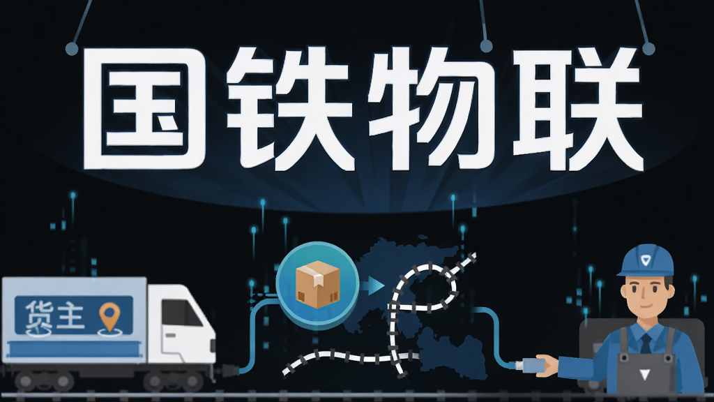画面主体为“国铁物联”四个字组成的悬浮标识,下方是货主与司机两端通过数据线连接,中间浮现货物匹配图标与铁路线路图,布局采用上下结构,风格为简洁扁平插画,细节包括车厢轮廓、定位标记、数据流光,画质干净清晰,无多余元素