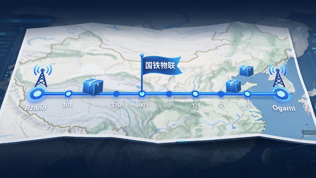 画面中央是一块横向展开的运输轨迹地图,地图上标注起点与终点,中间用蓝色线条连接,线条上方有“国铁物联”字样的小旗帜,布局为居中横向排版,风格为现代信息图,细节包括时间节点圆点、货物箱图标、信号塔,画质干净,无多余元素
