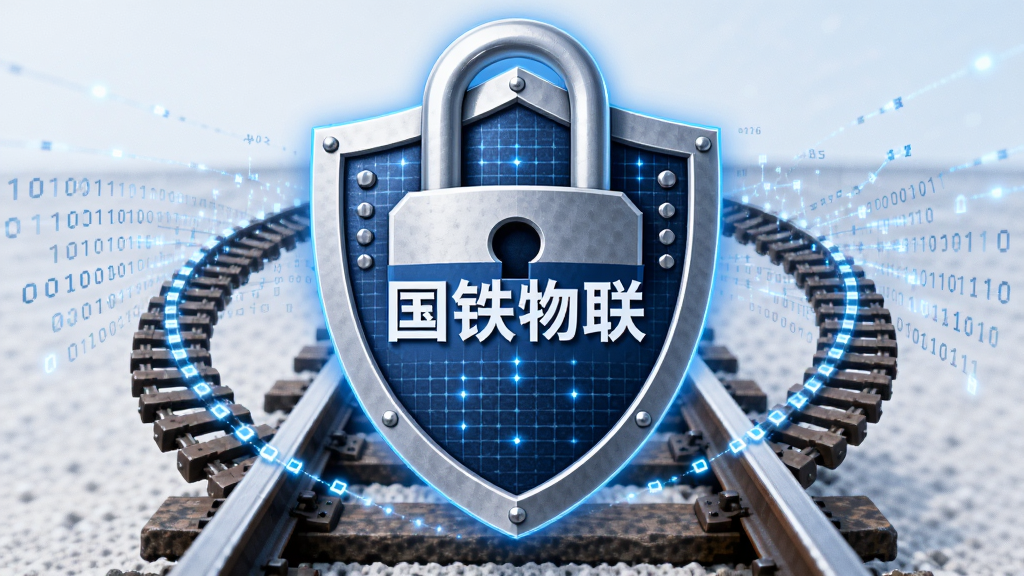 画面主体是一把盾牌与锁的组合图标,盾牌中央写有“国铁物联”,背景是铁路轨道与数据流线条,布局为盾牌居中、轨道环绕,风格为科技安全风,细节包括二进制数字、网格纹理、蓝色光晕,画质干净,无多余元素
