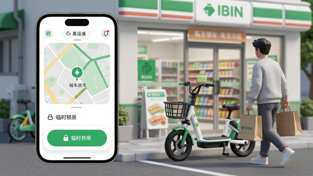 骑电单车临时锁车功能界面展示,手机屏幕显示地图与临时锁车按钮,画面一侧有用户提着购物袋走向路边电单车的场景,电单车停在便利店门口,整体采用柔和圆角卡片式UI风格,配色以白色、绿色、浅灰为主,排版清晰,细节丰富,画面干净整洁,高清画质