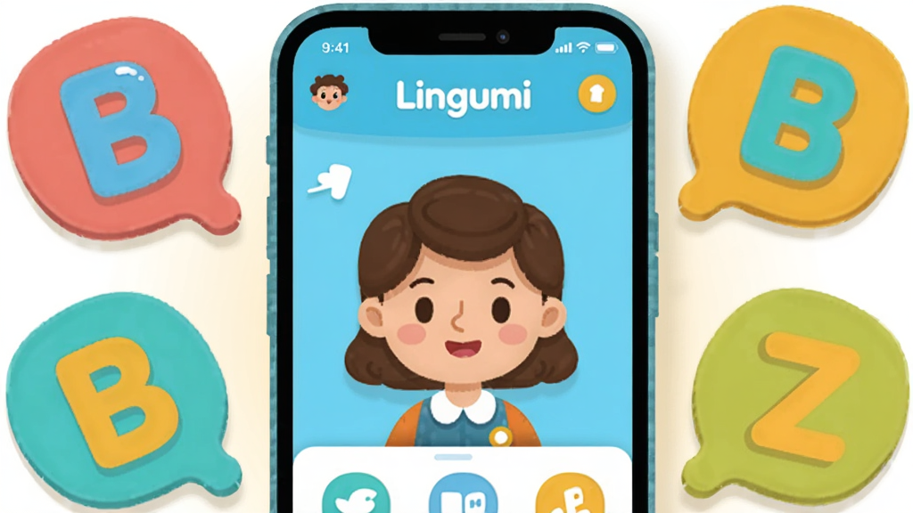 ��������չʾһ�������ֻ�����Ļ�ϳ���Lingumiԭ������Ӣ��Ŀ�ͨѧϰ���棬һλ΢Ц��Ӣ����ͥ��ʦ�������ɫ��ĸ����Χ���ֻ�������Ϊ���й�ͼ�����Ϊ�����ƽ�廭�磬ϸ�ڰ���Բ���ͼ�ꡢ�����Ӱ��ͯȤװ��Ԫ�أ����������ɾ����޶���Ԫ�أ�����ɫ����ů���á�