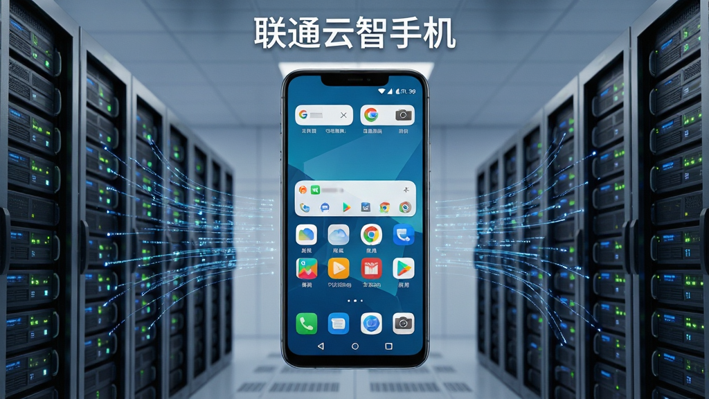 画面中央是一部悬浮在空中的智能手机,屏幕内展示着完整的安卓桌面界面,四周环绕着服务器机柜与数据流光线,顶部有