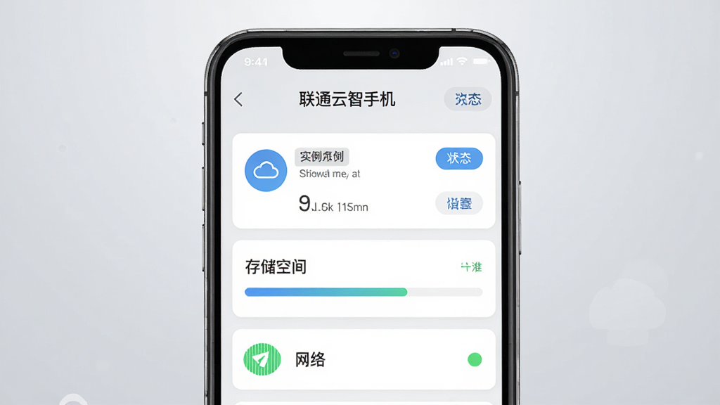 一部手机屏幕中展示着云端手机管理界面,界面上有实例列表、存储空间进度条、网络状态图标,背景为浅灰色渐变,顶部有