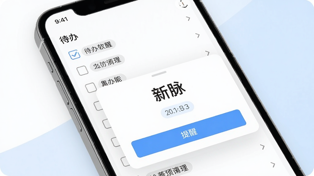 新脉软件提醒与协同界面图,画面中一部手机显示待办列表和提醒弹窗,弹窗上有“新脉”文字,背景为白色与淡蓝色搭配,布局为上下结构,排版规整,风格清新浅色,细节包含复选框、时间标签和按钮,画质清晰,干净无多余元素