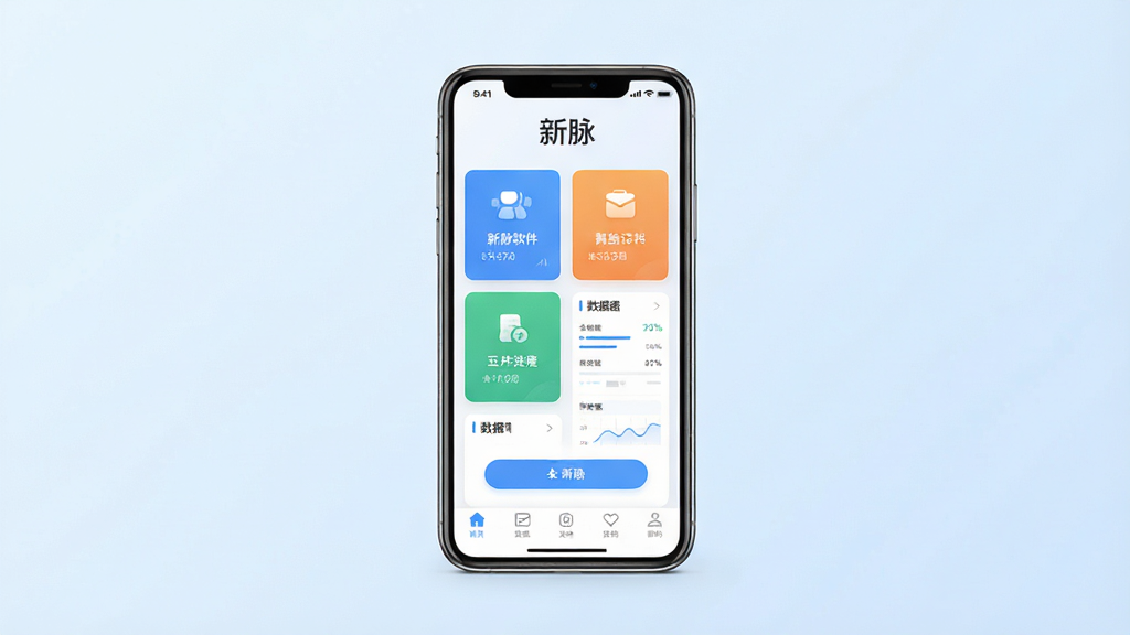 新脉软件主界面预览图,画面中央放置一部智能手机,手机屏幕显示新脉应用首页,页面顶部有“新脉”文字标识,中部为功能卡片与数据面板,底部为导航栏。背景为干净的浅蓝色渐变,布局居中,排版简洁,风格现代科技感,细节包含图标、按钮和文字占位,画质清晰,干净无多余元素