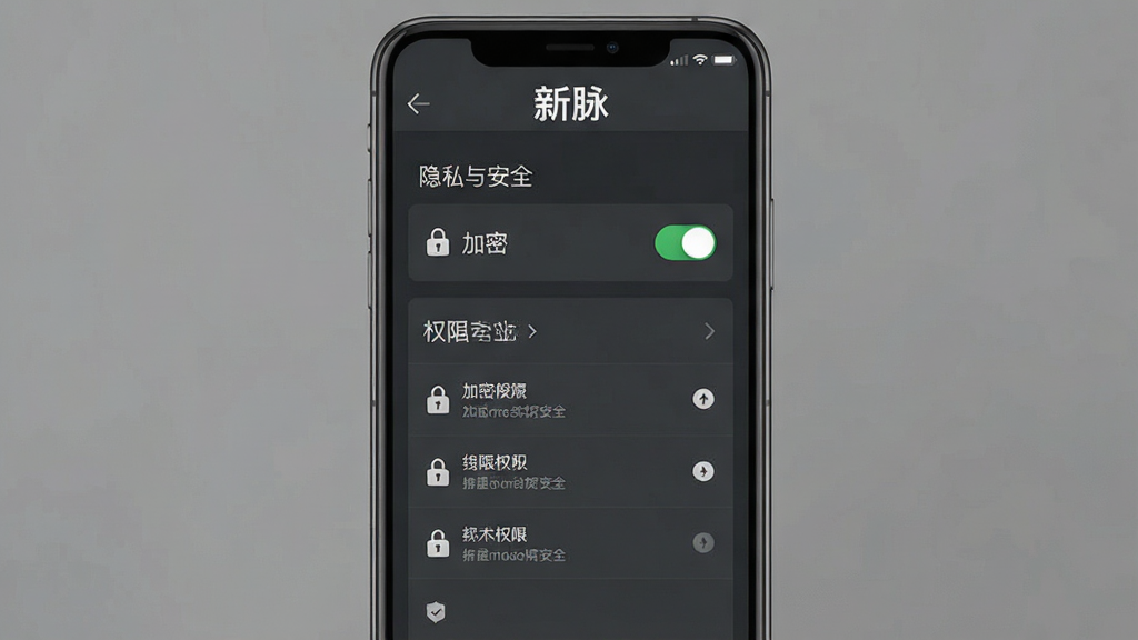 新脉软件安全设置界面图,画面展示手机屏幕上的隐私与安全设置页面,页面顶部有“新脉”标识,中部有加密开关与权限列表,背景为深灰色,布局为纵向排列,排版严谨,风格稳重安全,细节包含锁形图标、开关按钮和文字说明,画质清晰,干净无多余元素