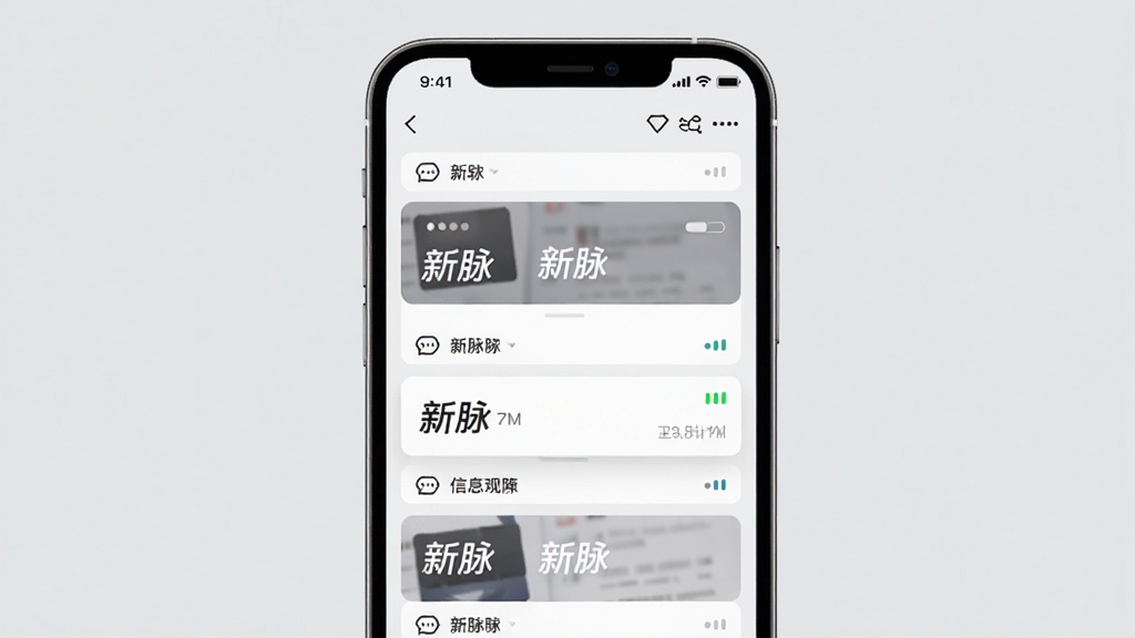 新脉软件信息聚合功能展示图,画面主体为手机屏幕,屏幕内呈现多个信息卡片整齐排列,卡片上有“新脉”字样,背景为浅灰色,布局为竖向列表,排版清爽,风格简约商务,细节包含图标、标题栏和状态指示,画质清晰,干净无多余元素
