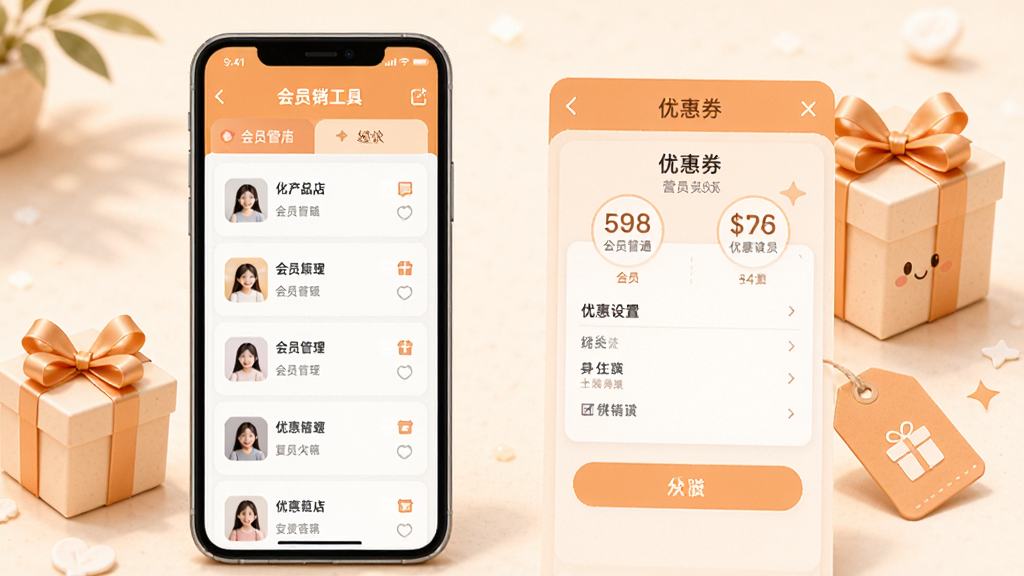 省团开店通会员管理与营销工具界面图,画面展示手机屏幕内会员列表与优惠券设置页面,旁边有礼品盒与标签元素点缀,布局错落有致,风格温馨亲和的浅橙色系,细节清晰,画质干净,无多余元素