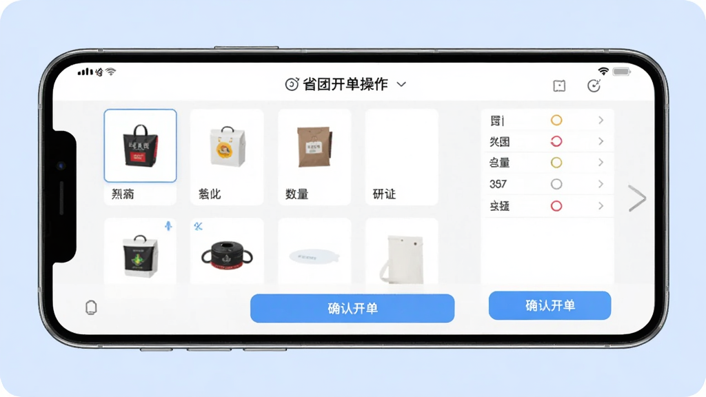 省团开店通移动端快捷开单操作界面,画面展示一部手机横屏放置,屏幕内呈现商品选择与数量确认的交互界面,底部有确认开单按钮,背景为柔和的浅蓝色,风格简洁明快,细节清晰,画质干净,无多余元素