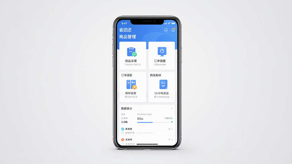省团开店通软件主界面全貌展示,画面中央放置一部智能手机,屏幕内呈现店铺管理后台的首页布局,包含商品管理、订单提醒、数据看板等模块图标,整体采用蓝白配色,界面干净整洁,背景为浅灰色渐变,风格简约商务,细节清晰,画质干净,无多余元素