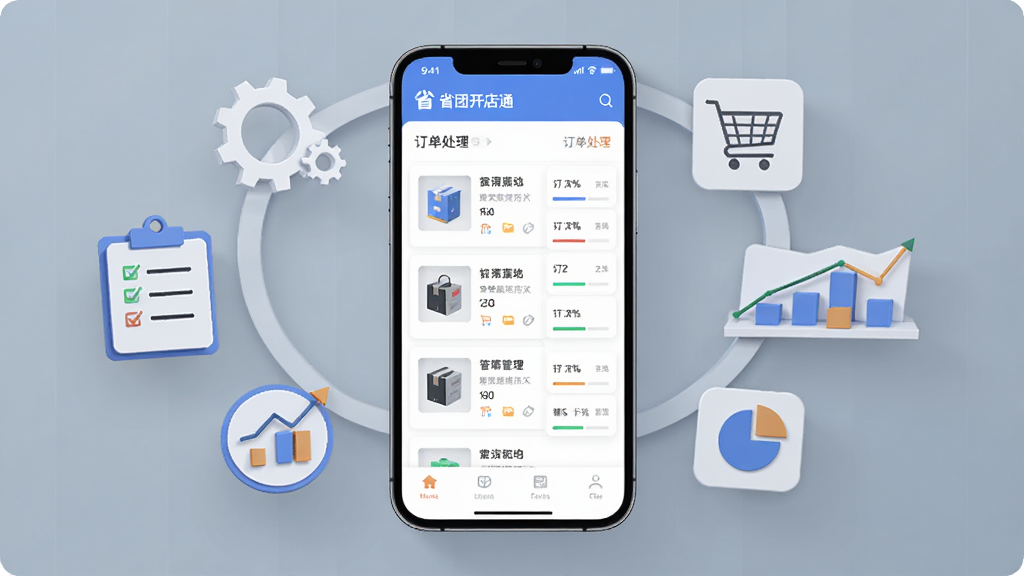 省团开店通一站式店铺管理功能展示图,画面以手机屏幕为主体,屏幕内显示商品列表与订单处理面板,周围环绕着齿轮、清单、数据图表等扁平化图标,布局居中对称,风格清爽现代,细节精致,画质干净,无多余元素