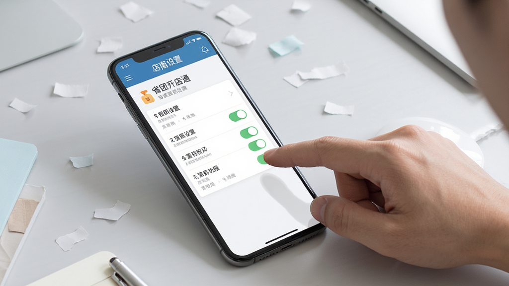 省团开店通手机端操作指南示意图,画面展示一部手机与一只手正在点击屏幕,屏幕内显示店铺设置与权限开关界面,背景为简洁的浅灰色桌面,风格写实清晰,细节到位,画质干净,无多余元素