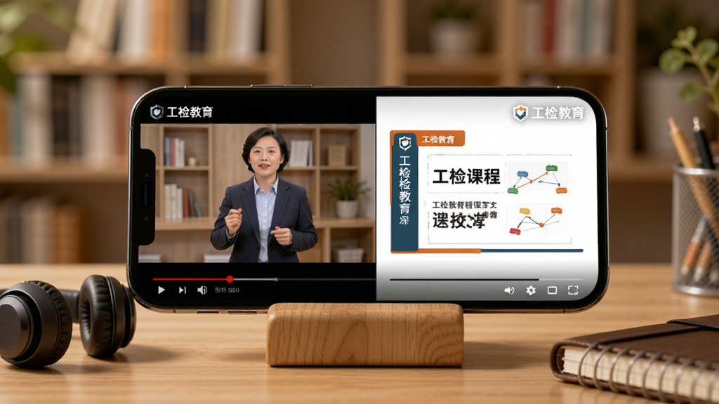 画面展示“工检教育”APP的视频课程播放界面,手机横屏显示讲师授课画面与PPT课件同屏,屏幕角落有“工检教育”水印。手机放置在木质支架上,旁边有耳机和笔记本。构图居中,背景为虚化的书房环境。风格为现代教育科技风,色调温暖舒适。细节清晰,画质细腻,无多余元素。