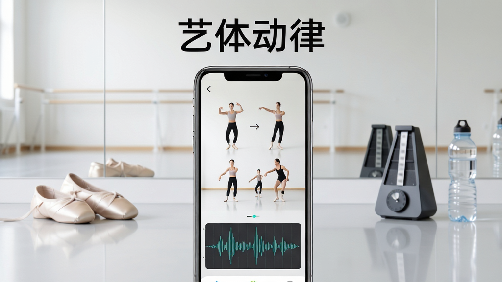 ��������һ�������ֻ�����չʾ�赸ѵ�����棬��Ļ�ڳ������ﶯ�ɷֽ⶯������Ĳ���ͼ������Ϊǳɫ������������������һ˫�赸Ь���Ҳ��н�������ˮƿ�����岼�ּ��Գƣ���������ִ���ϸ�ڰ����ذ巴���뾵�浹Ӱ�����ʸ���ɾ����޶���װ��Ԫ�أ�ͼƬ�Ϸ����ֱ�ע�����嶯�ɡ���