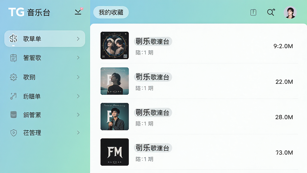 TG音乐台歌单管理界面,画面展示一个音乐歌单列表,左侧是歌单分类,右侧是歌曲条目,每条歌曲带有专辑小图和时长信息,顶部有“我的收藏”标签,界面风格清新简约,布局整齐,排版清晰,细节精致,画质高清,干净无多余元素