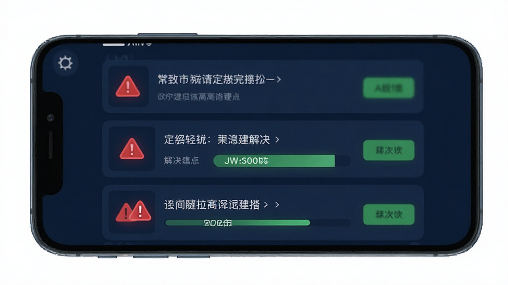 一张展示手机屏幕上JW Alive安装器故障诊断界面的图片,画面中列出常见错误代码与对应的解决建议列表,背景为深蓝色,布局为垂直卡片式,风格为科技感UI,细节包括红色警告图标、绿色修复按钮、进度条,画质高清,干净,无多余元素
