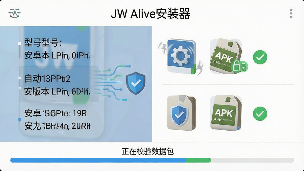 一张手机界面截图风格的图片,画面中显示“JW Alive安装器”正在自动匹配设备架构,屏幕左侧为手机型号与安卓版本信息,右侧为对应的APK安装包图标和绿色对勾标记,底部有进度条显示“正在校验数据包”,整体布局为左右分栏,风格为扁平化UI设计,细节包括齿轮转动、数据流线条、盾牌安全图标,画质清晰,干净,无多余元素